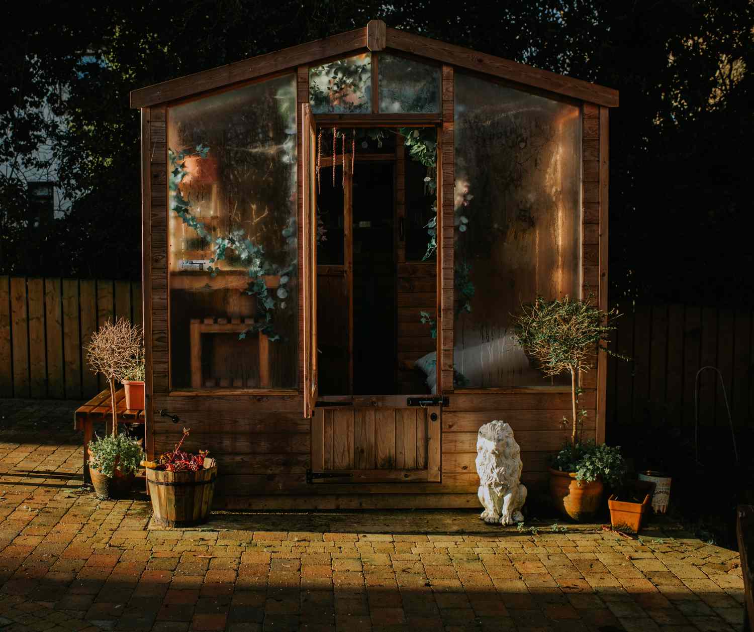 A pretty wooden greenhouse with a half door sits handsomely on a paving stones in a back garden. Low, winter light shines through the windows, falling around the outhouse, creating long shadows.