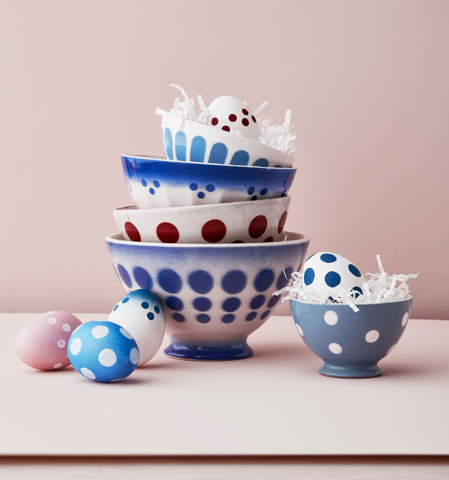 polka dot painted easter eggs in polka dot patterned bowls