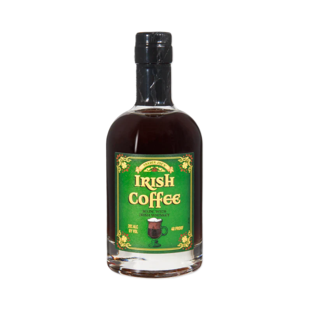 A bottle labeled Irish Coffee with a green label and gold design