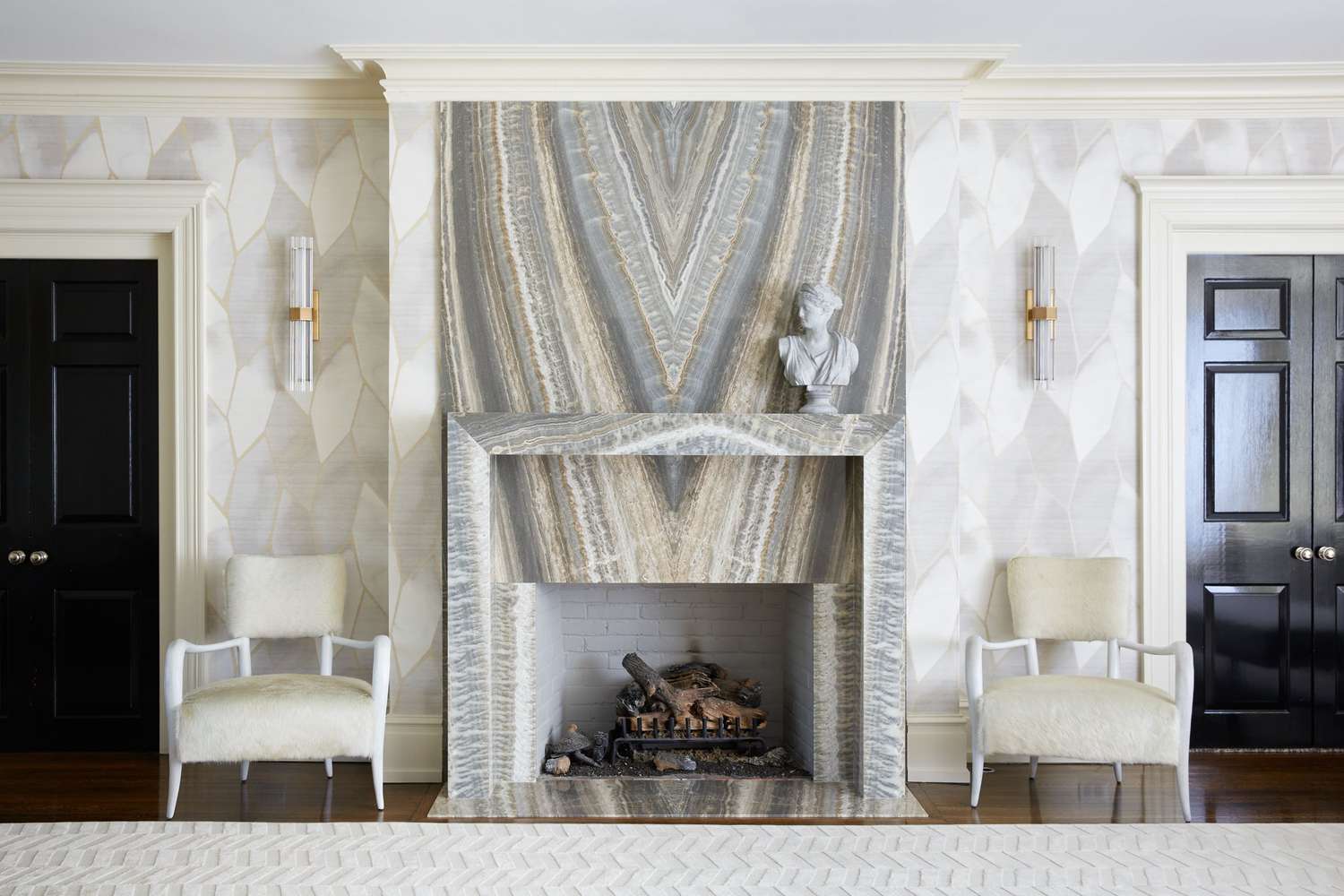 book-matched marble fireplace