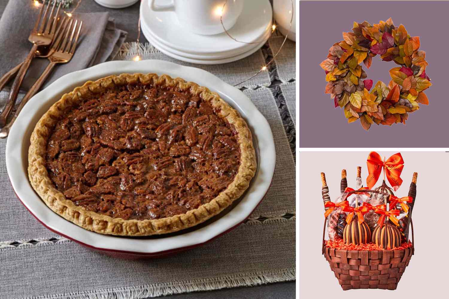 A pecan pie on a table setting a fall decorative wreath and a holiday gift basket with contents wrapped in cellophane