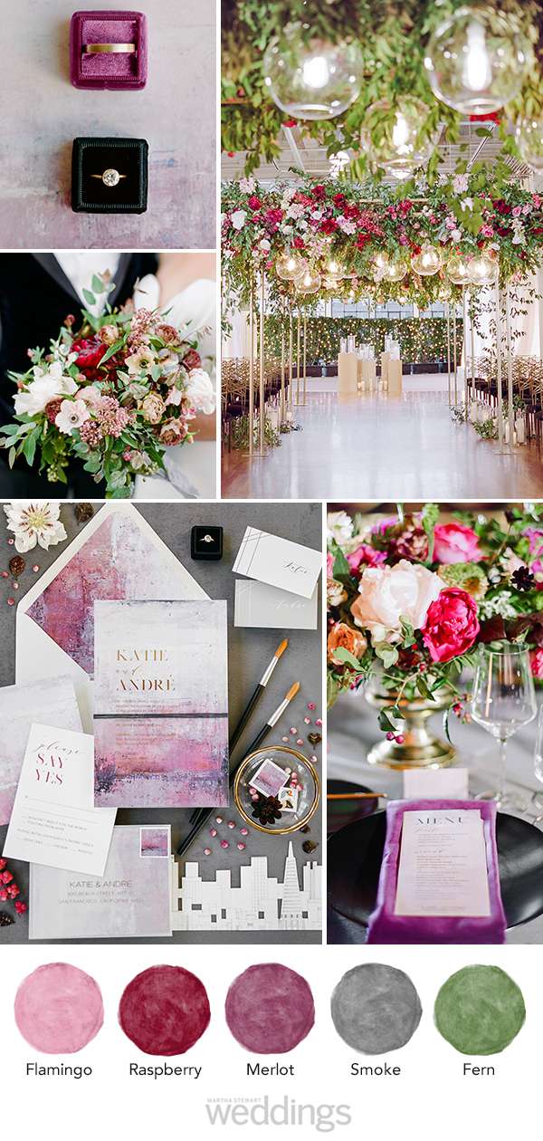 wedding color palette mood board flamingo, raspberry, merlot, smoke, fern