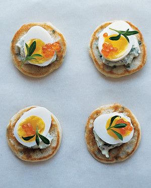 Chive Blini with Creme Fraiche, Quail Eggs, and Tarragon
