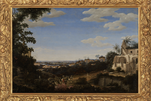 Landscape painting with buildings, trees, and a distant view, framed in ornate gold