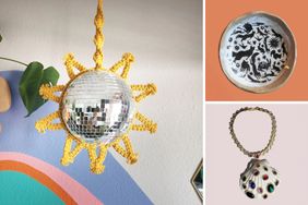 A sunshaped hanging decoration with a disco ball center a ceramic bowl with animal patterns and a jeweled seashell necklace