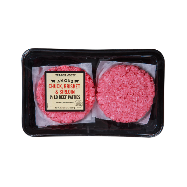 A package of two Trader Joes angus chuck brisket and sirloin beef patties in a plastic tray