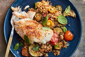 braised cod and bulgur with zucchini and tomatoes