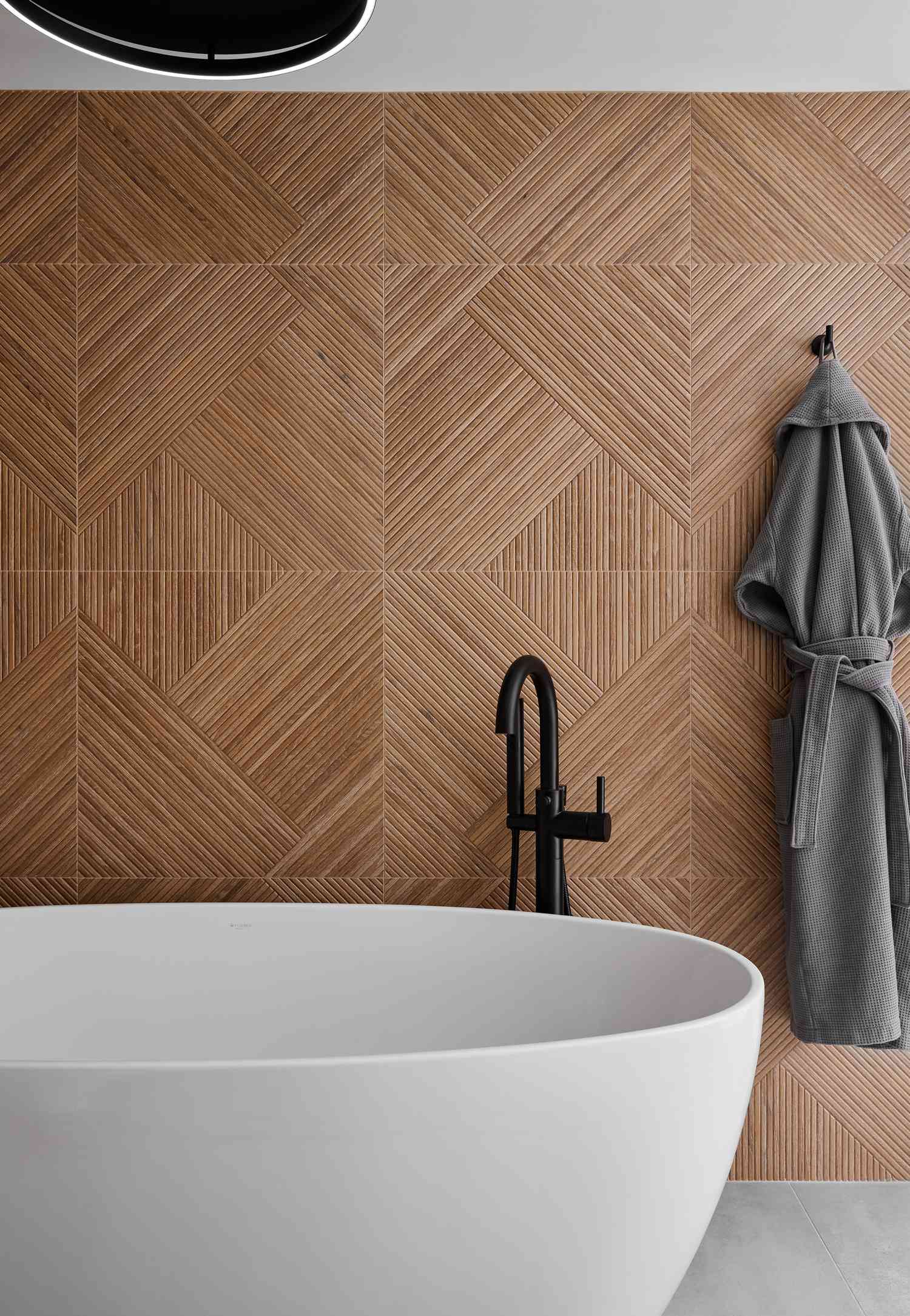geometric slat paneling in bathroom