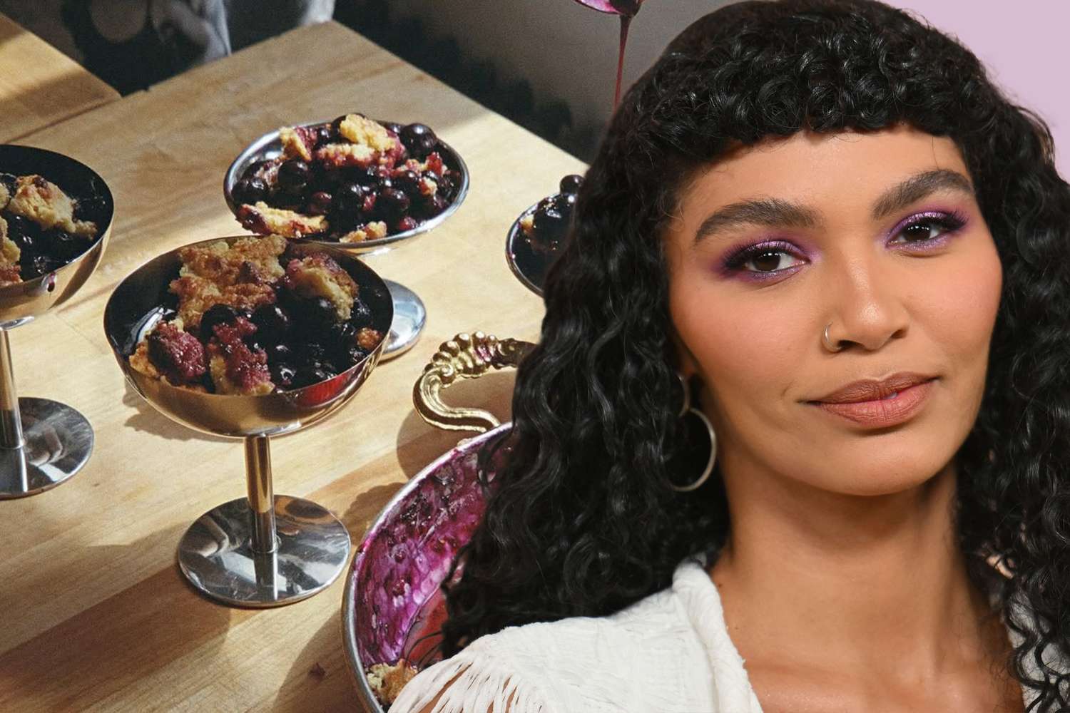 A woman with curly hair appears alongside bowls of dessert on a wooden table