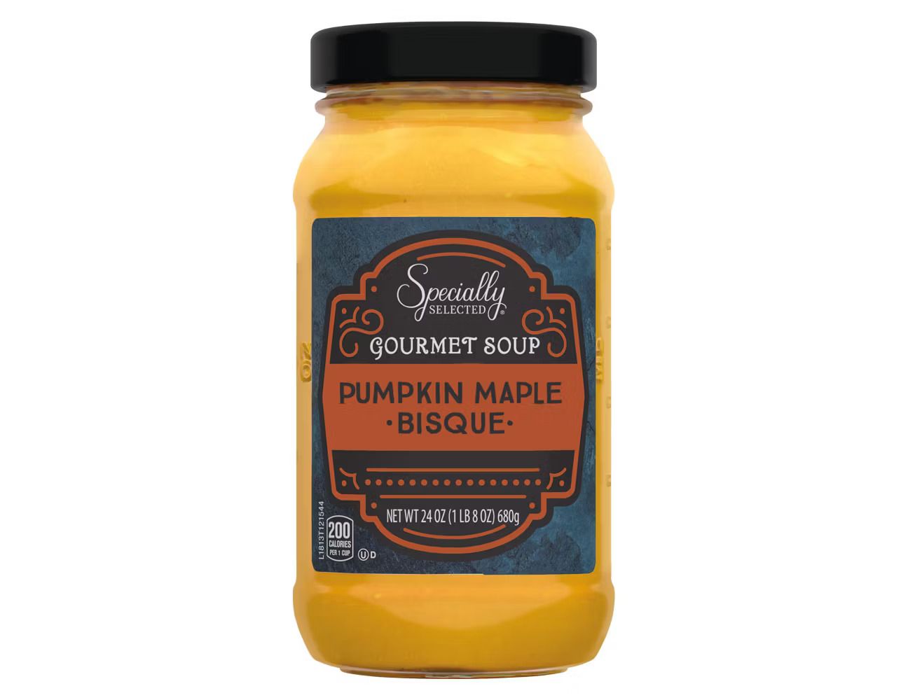 Jar of Pumpkin Maple Bisque soup with label visible on the front