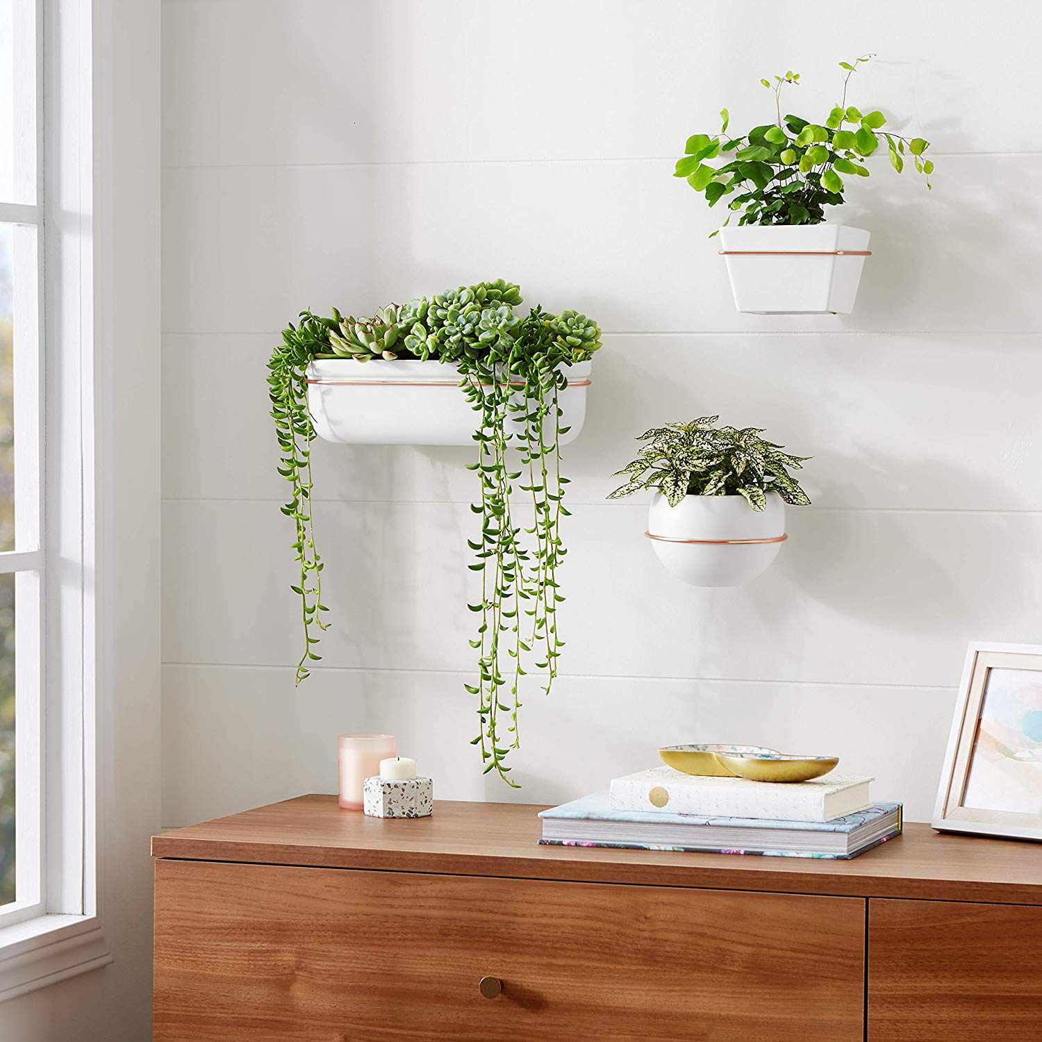 white and copper wall planter