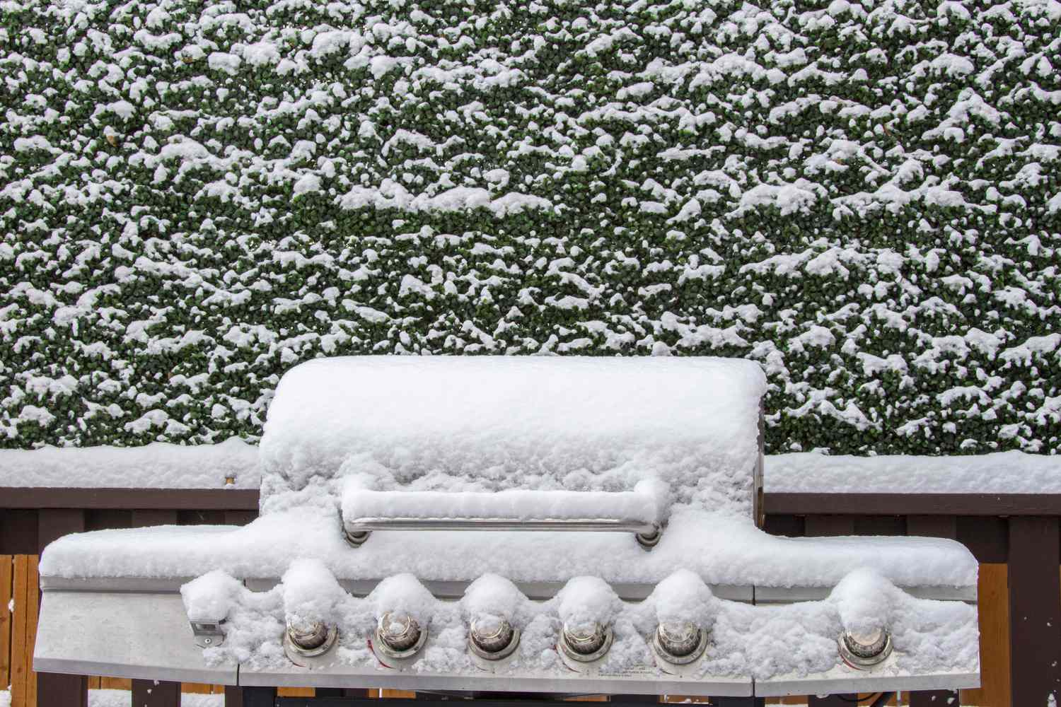 Snow covered barbeque grill during a snow storm