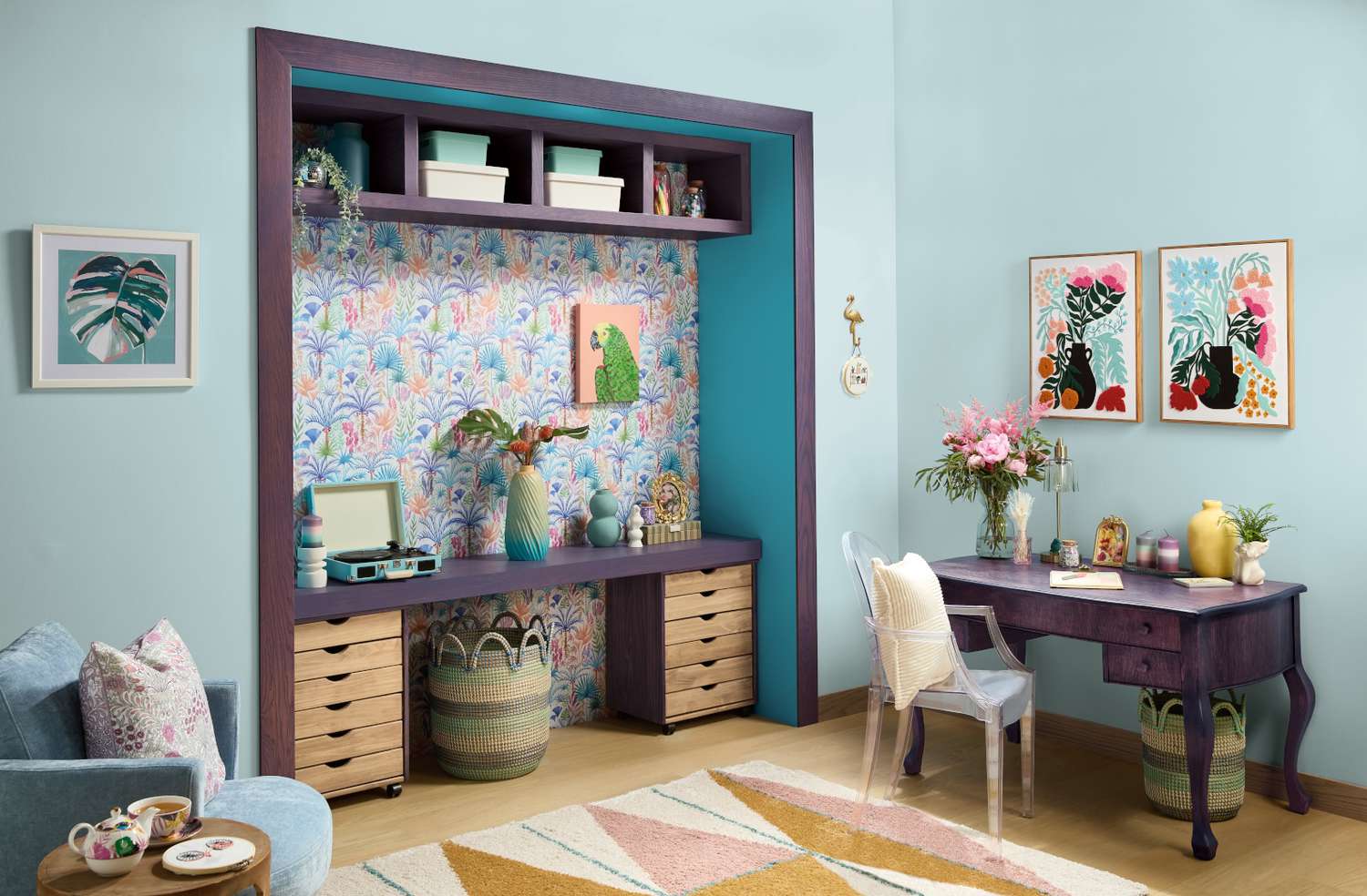 Office with blue paint and purple accents