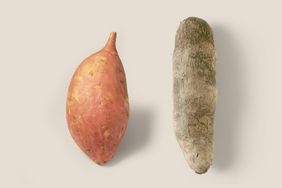 sweet potato next to yam on tan background