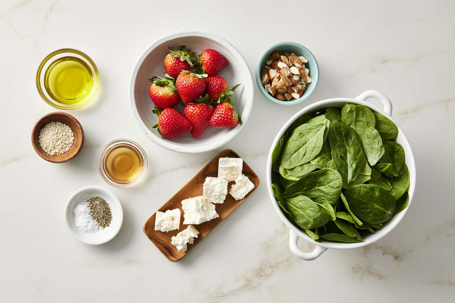 Spinach, oil, eggs, salt, nuts, cheese, strawberry, ingredients for spinach strawberry salad