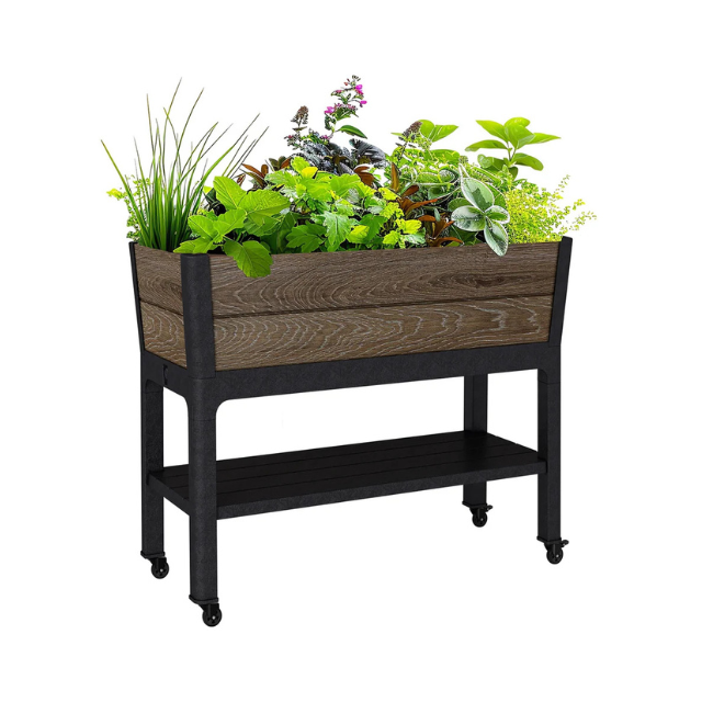 Elevated planter box with various plants on a wheeled frame
