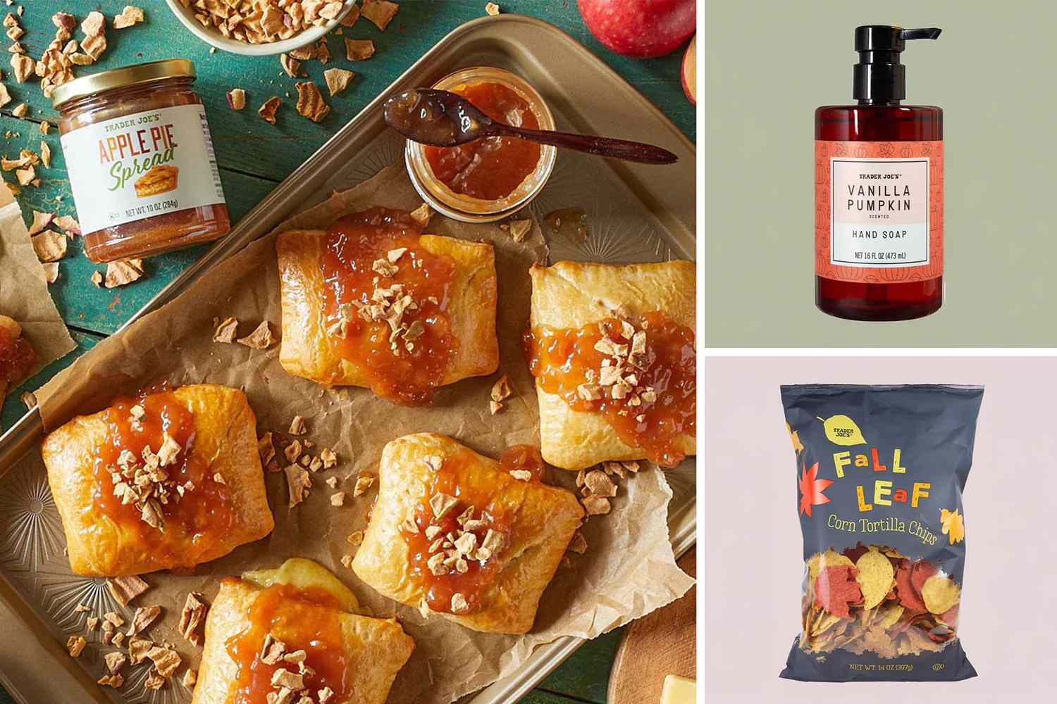 A selection of Trader Joes products including pastries with jam topping a jar and bottle of vanilla pumpkin hand soap and a bag of tortilla chips