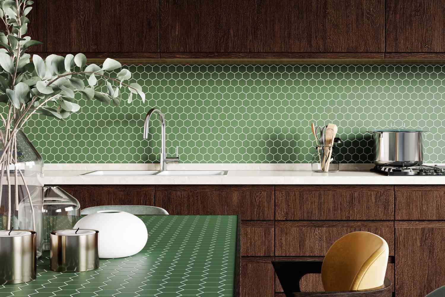 green ceramic tile backsplash