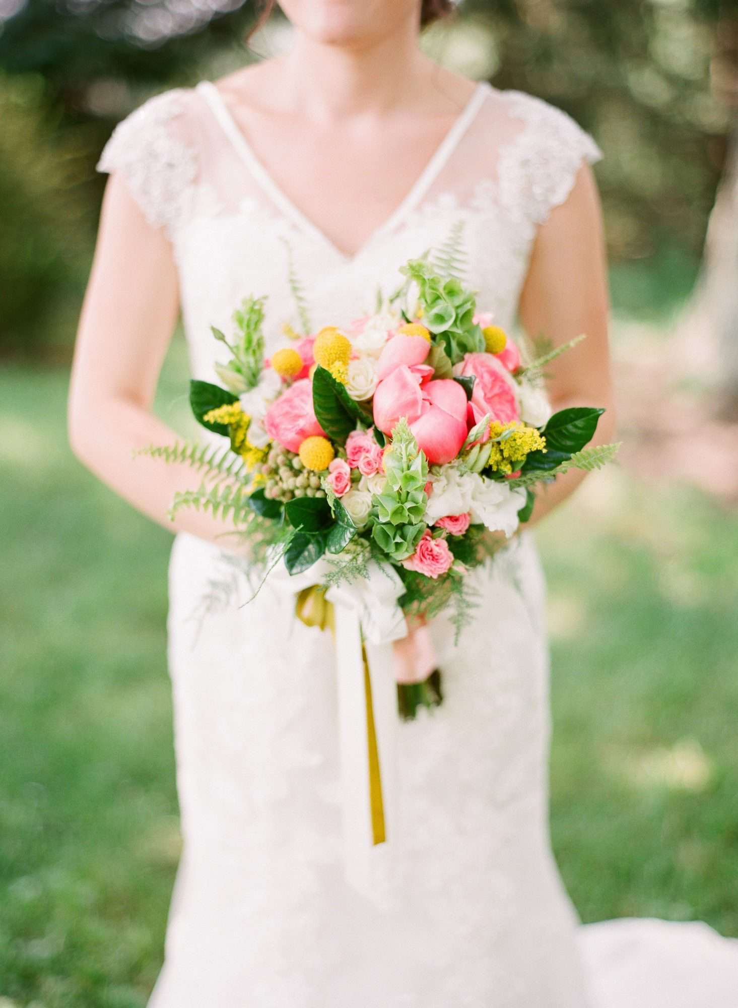 Fern Wedding Bouquet with Peonies and Bright Flowers
