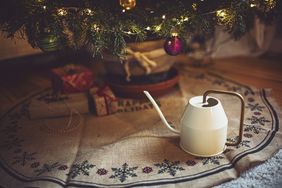 Watering can placed under a decorated Christmas tree near wrapped gifts on a festive tree skirt