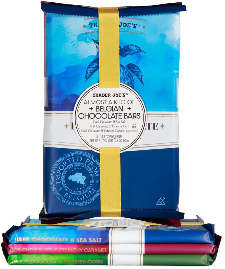 A package of Trader Joes Belgian chocolate bars and an assortment of smaller chocolate bars underneath