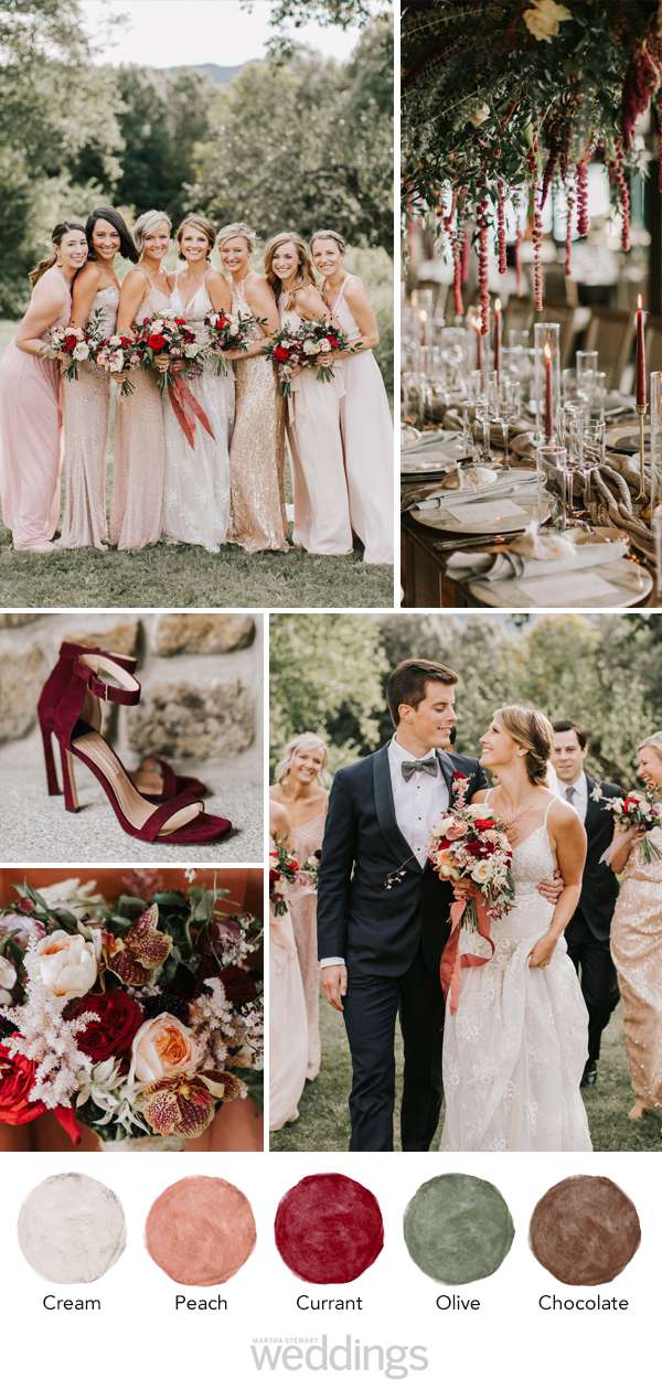 wedding color palette mood board peach, currant, olive and brown