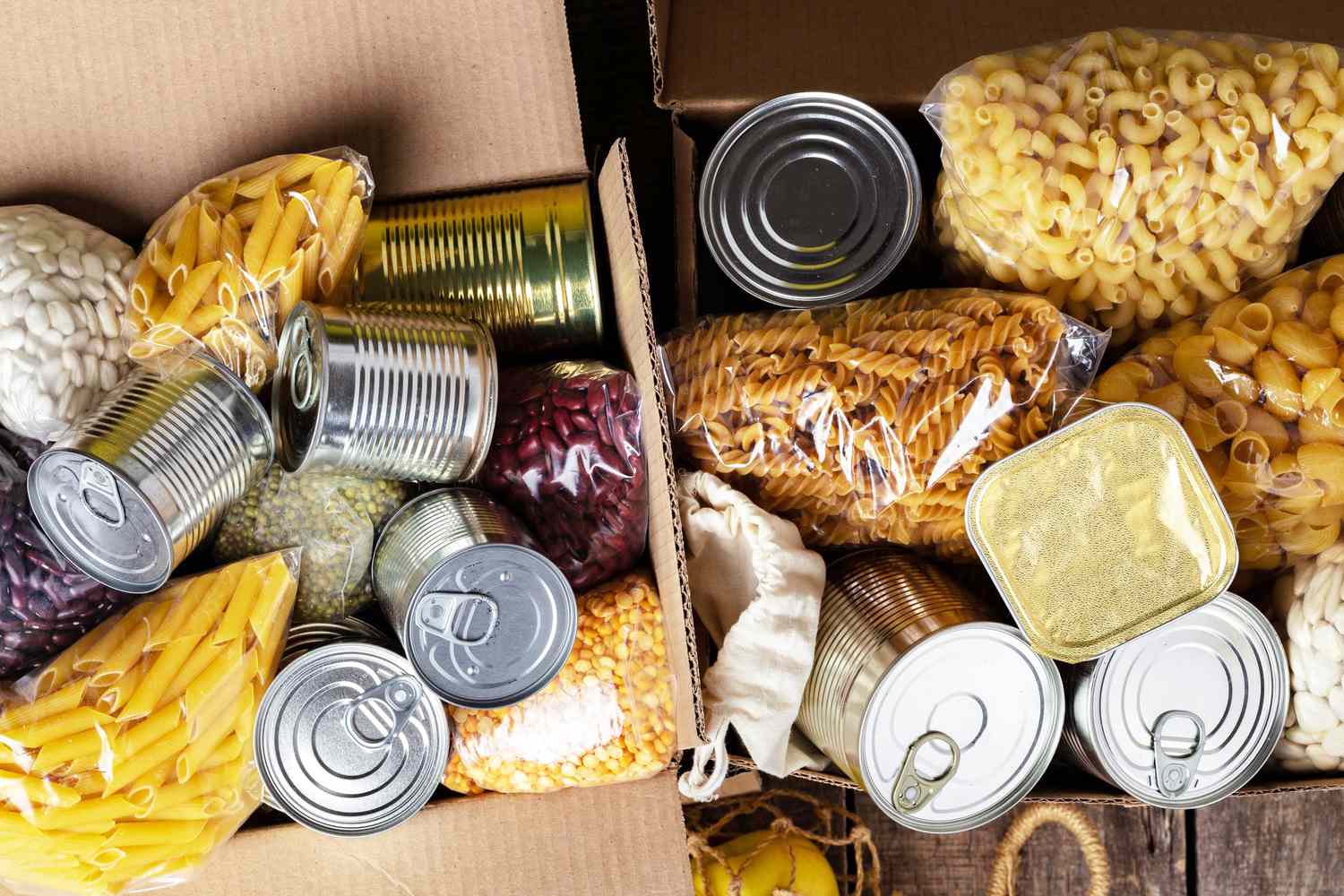 Boxed dry pasta canned goods and packaged food supplies