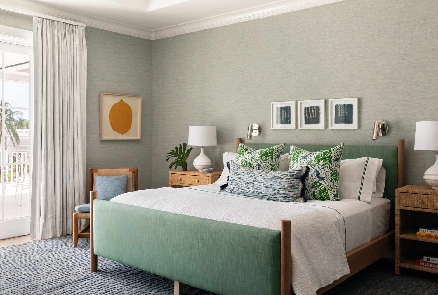 bedroom with green headboard 