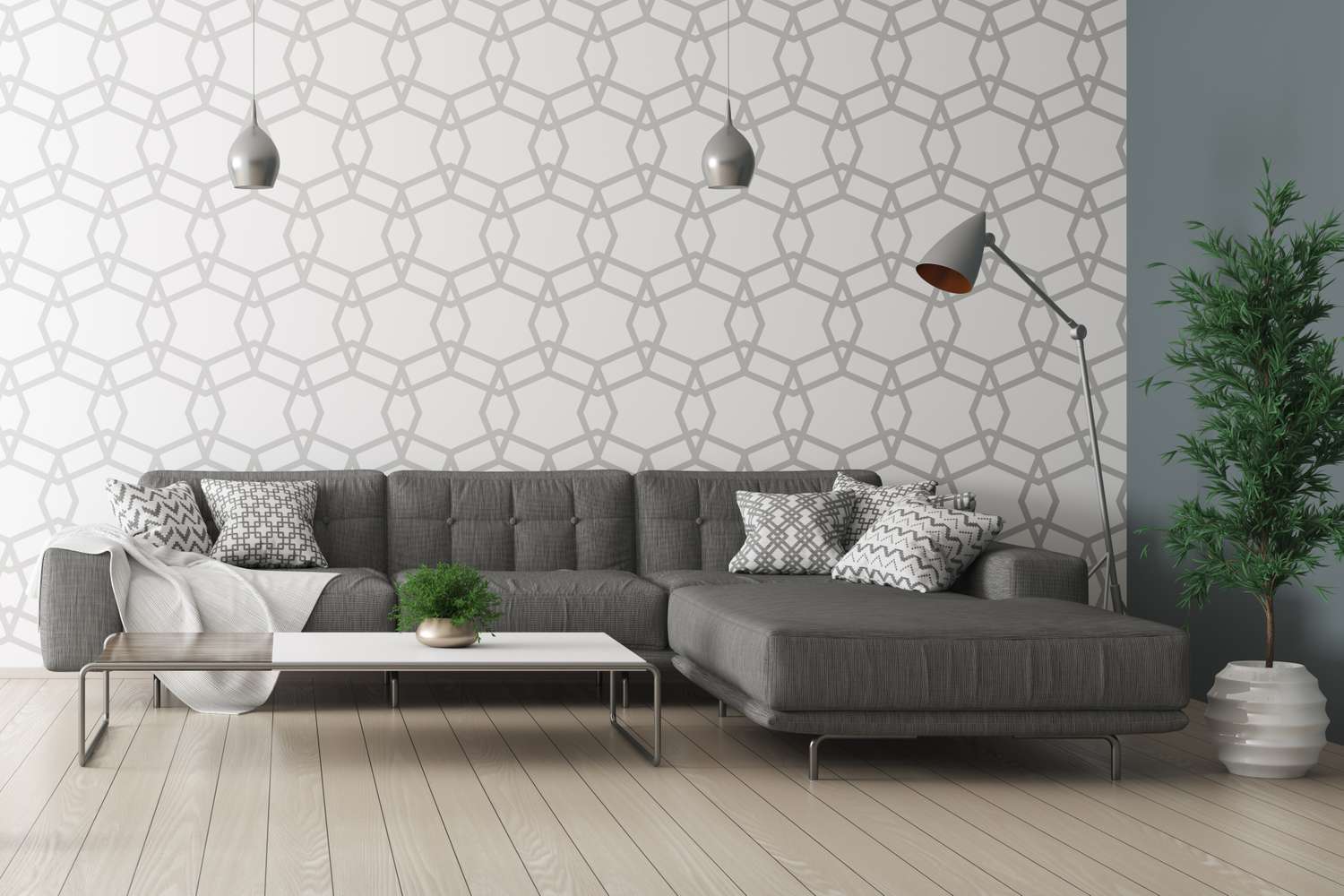 Modern living room with a sectional sofa pattern wallpaper and indoor plants