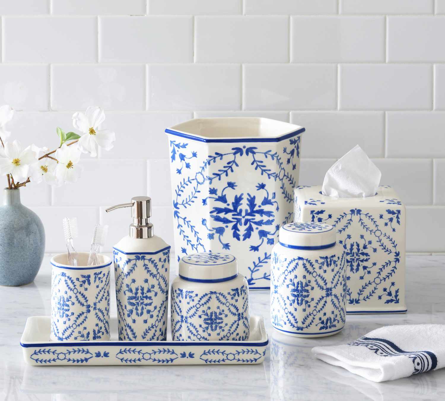 blue and white bathroom accessories 