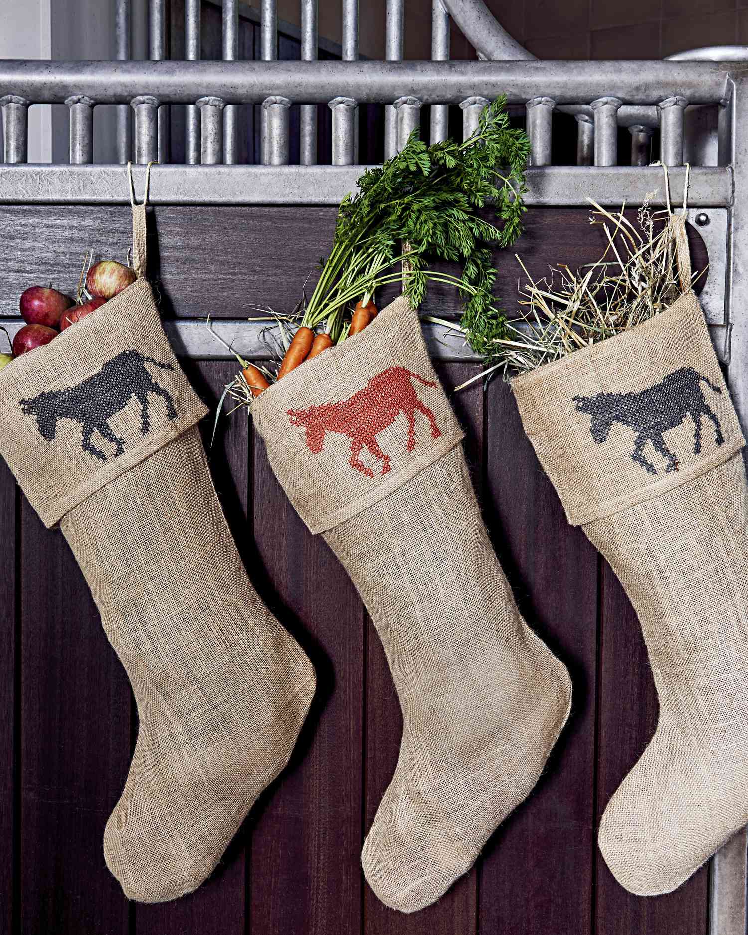 jute stockings filled with hay vegetables fruit