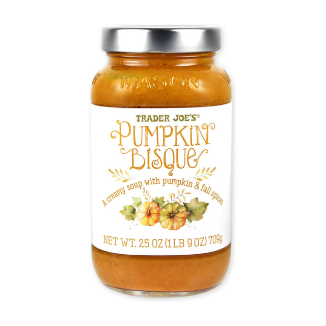 A jar of Trader Joes Pumpkin Bisque soup