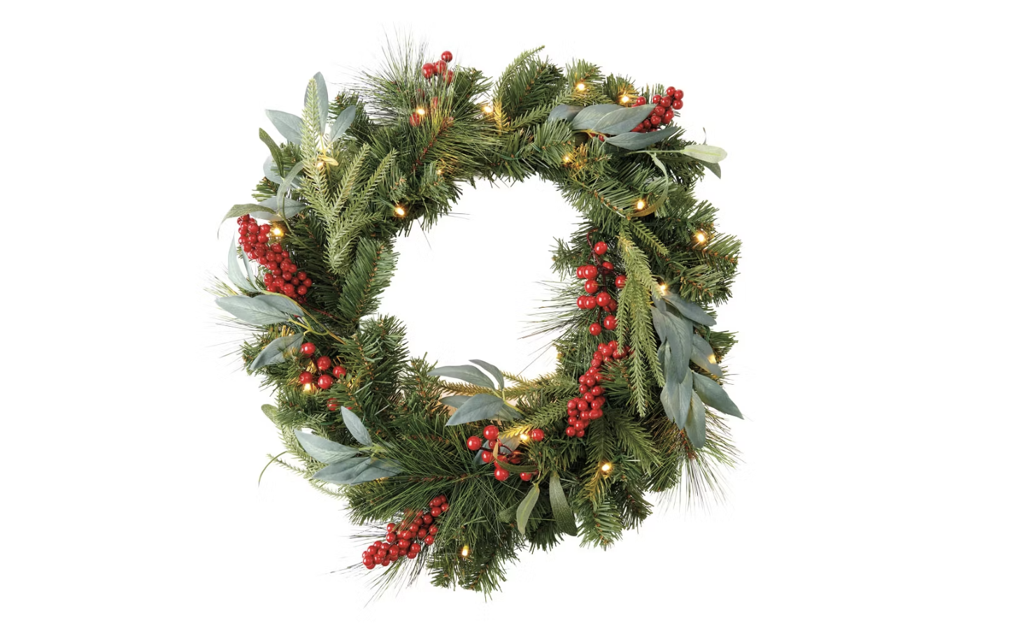 Holiday wreath with evergreen branches red berries and decorative lights