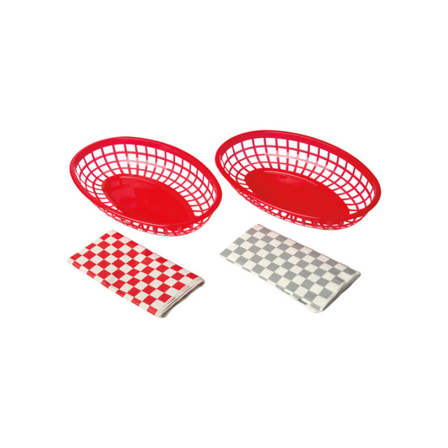 Two red plastic food baskets and two checkered napkins