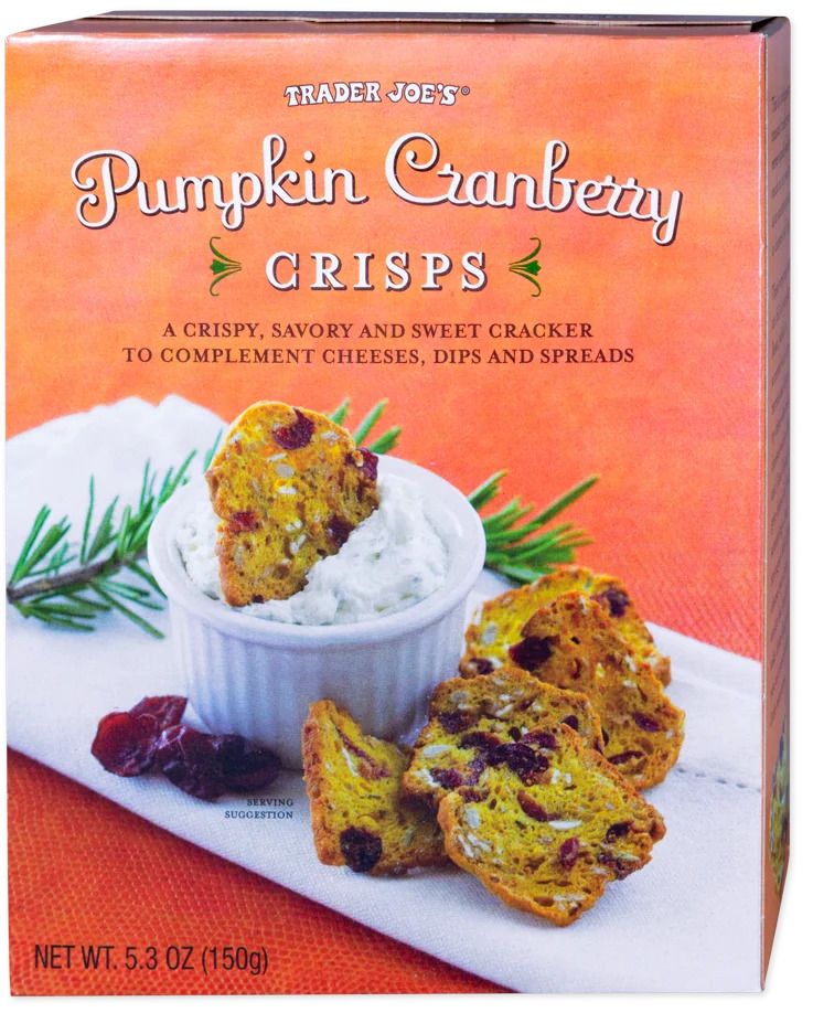 Trader Joes Pumpkin Cranberry Crisps box with crackers and dip displayed