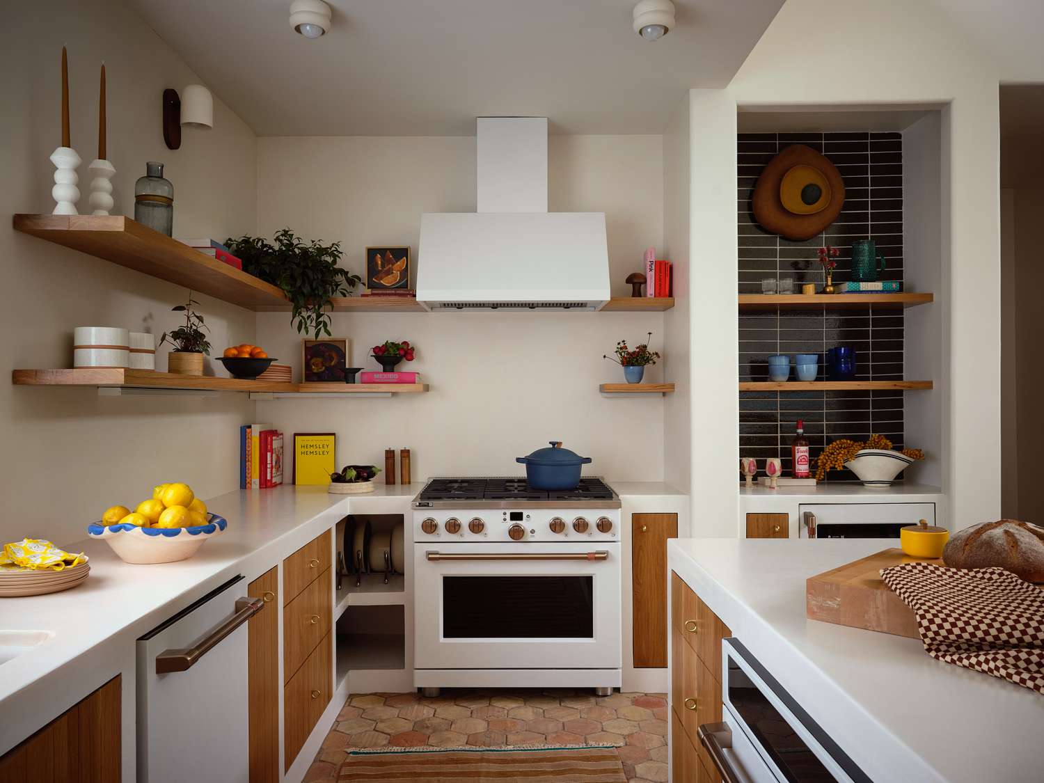A white kitchen with open shelves