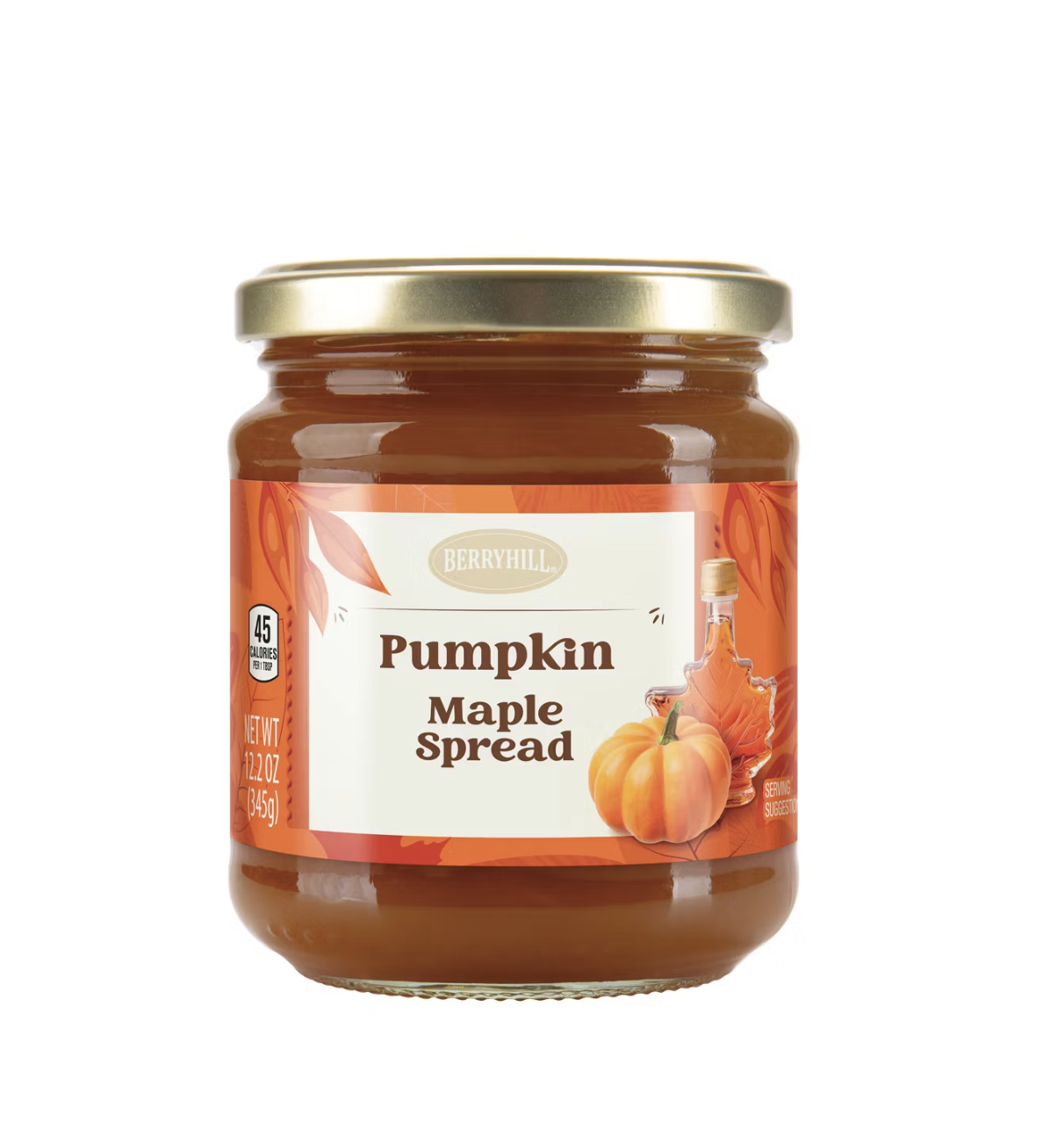 A jar of pumpkin maple spread with a gold lid and a label depicting pumpkins and a maple syrup bottle