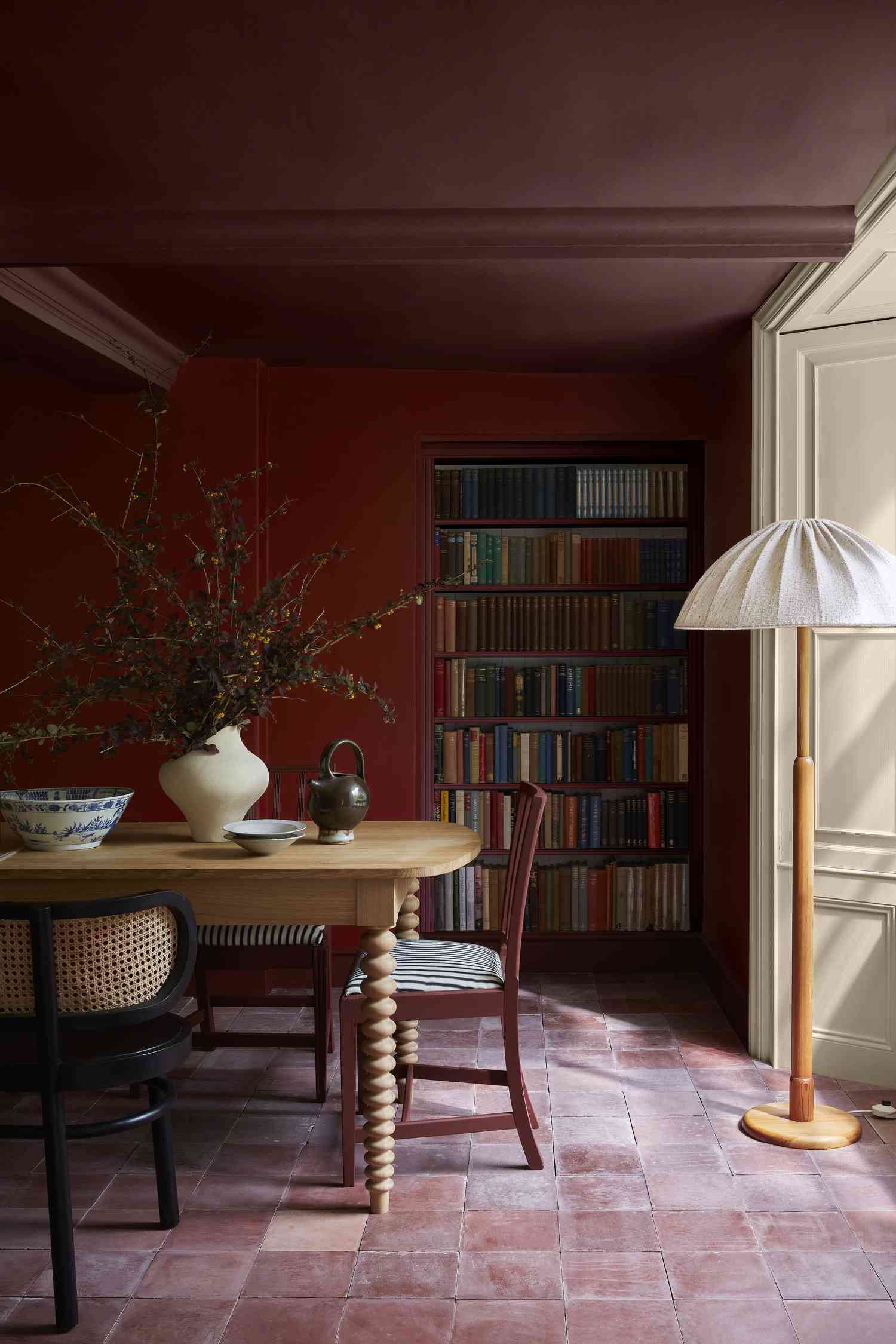 A red dining room area 