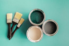 Three paintbrushes next to three open cans of paint on a solid background