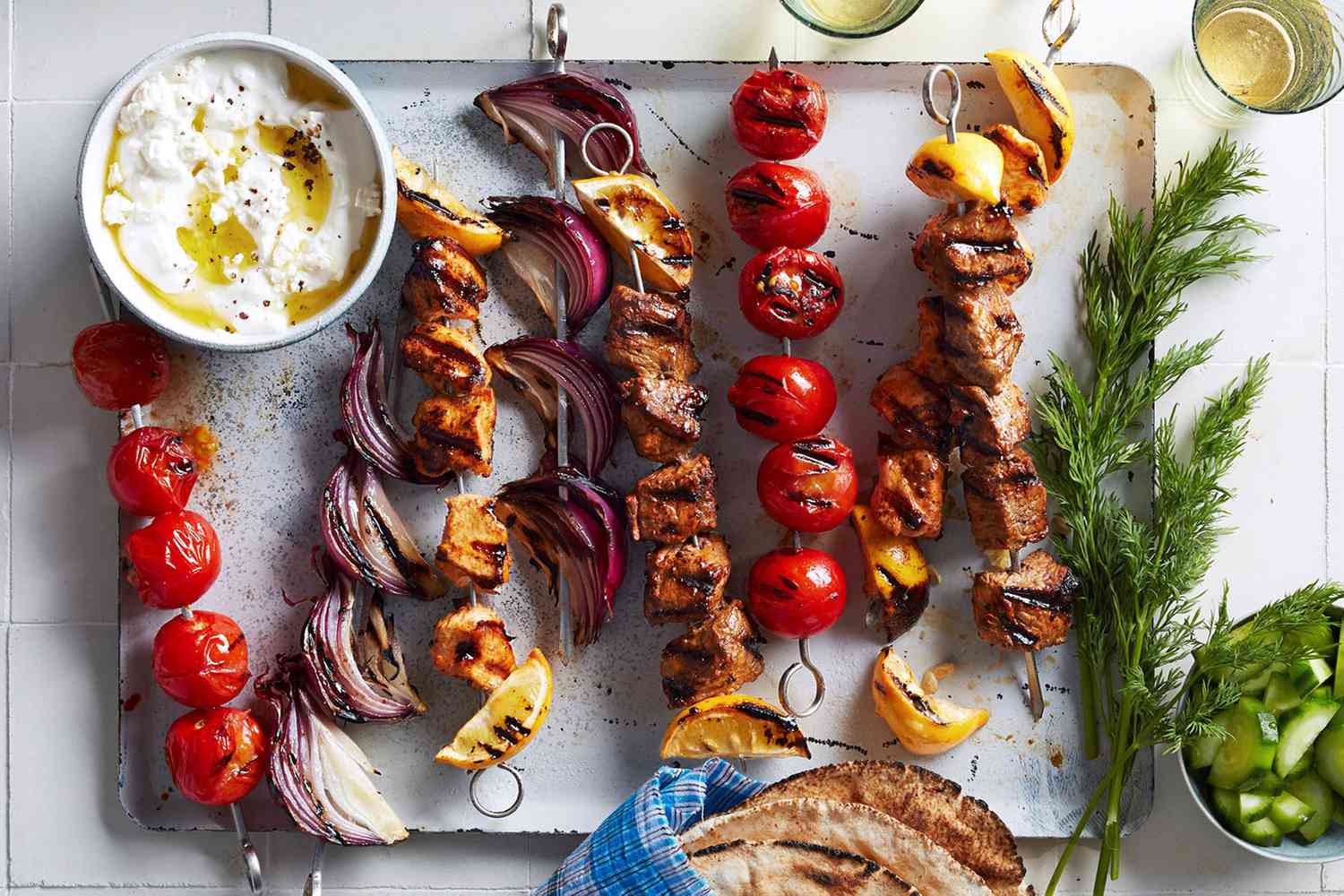 Grilled lamb and chicken skewers