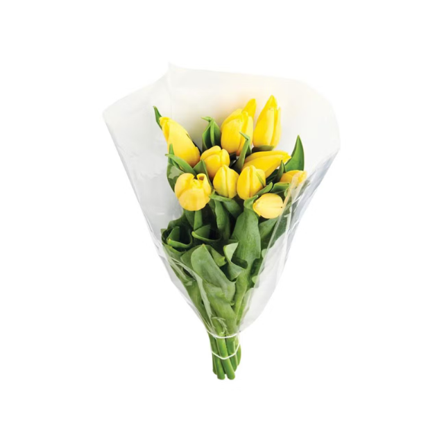 A bouquet of flowers wrapped in clear plastic