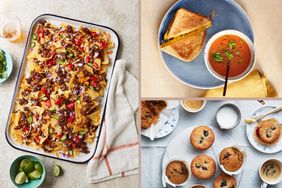 Three dishes including nachos grilled cheese with tomato soup and blueberry muffins displayed in a collage