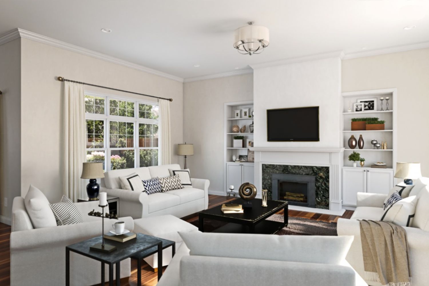 white living room with fireplace and sofas