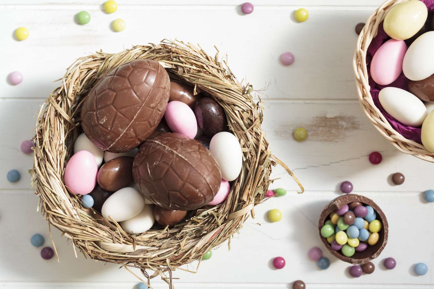 A table with chocolate Easter eggs and colorful candies placed in nests and bowls