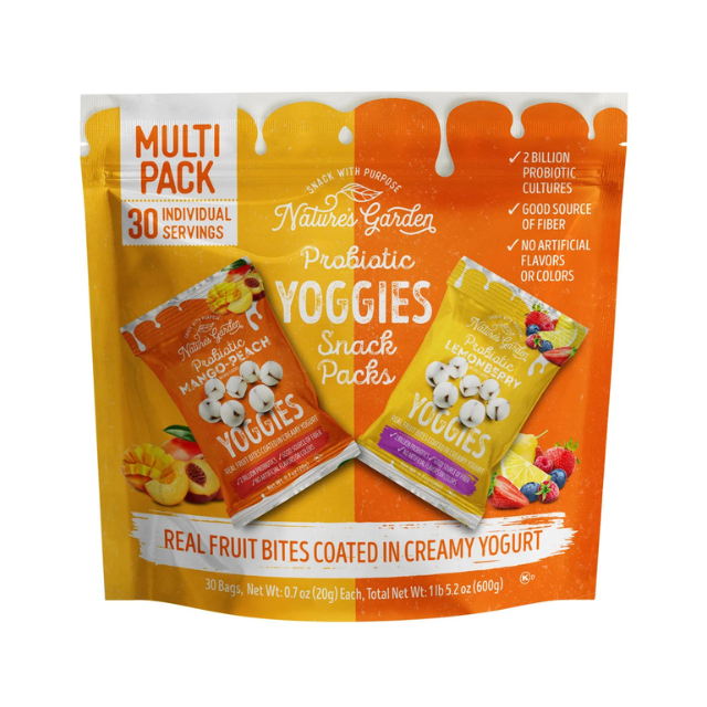 A package containing Natures Garden Probiotic Yoggies Snack Packs