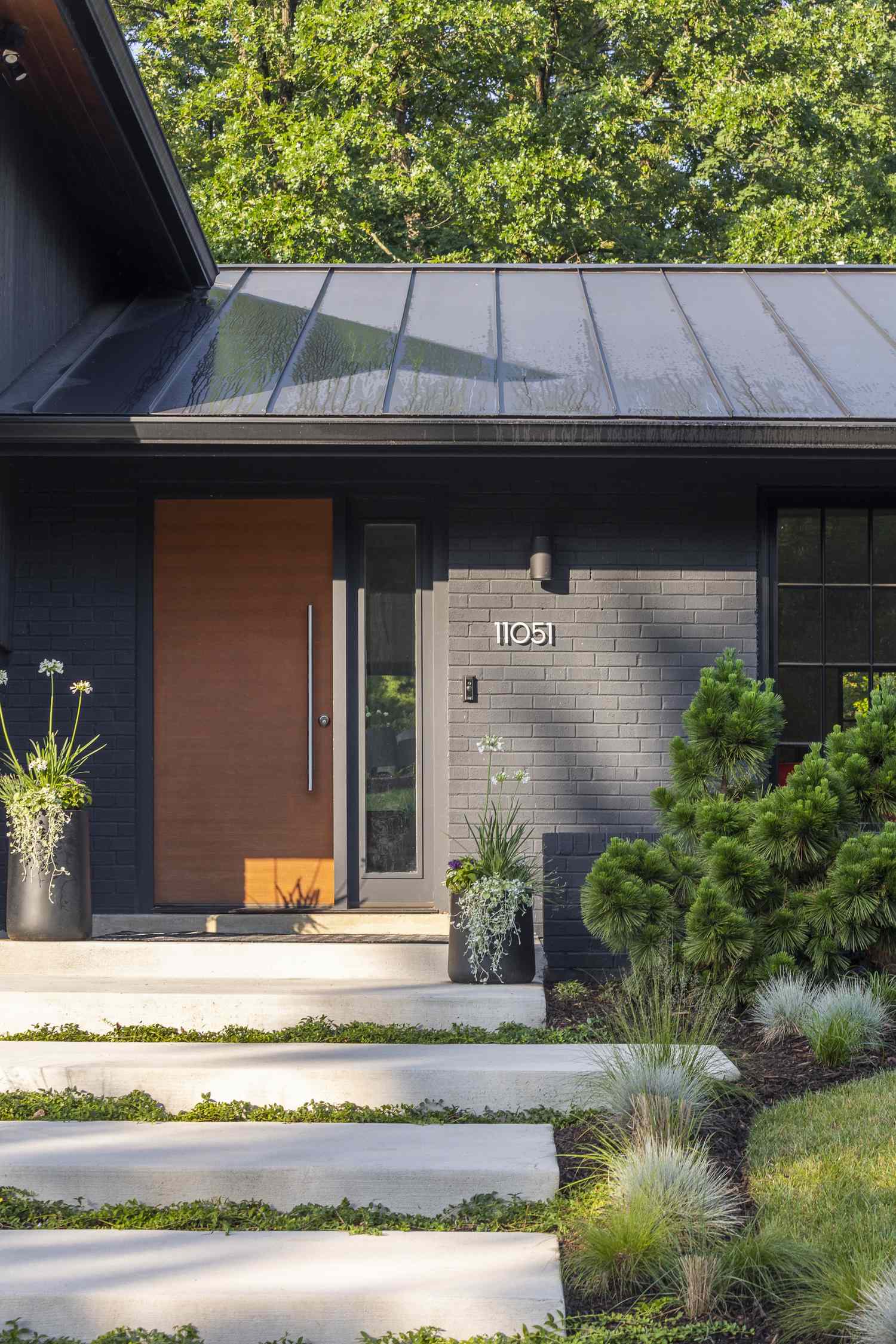 Modern house exterior with a minimalist garden and a wooden door set against dark walls