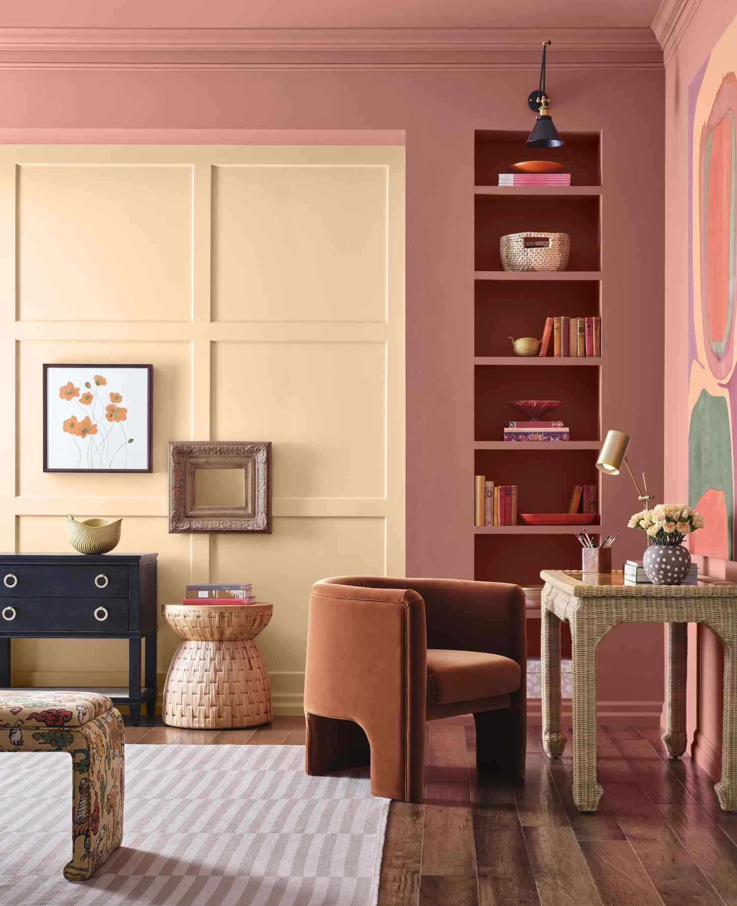 Stylish living room interior with modern furniture and wall decor