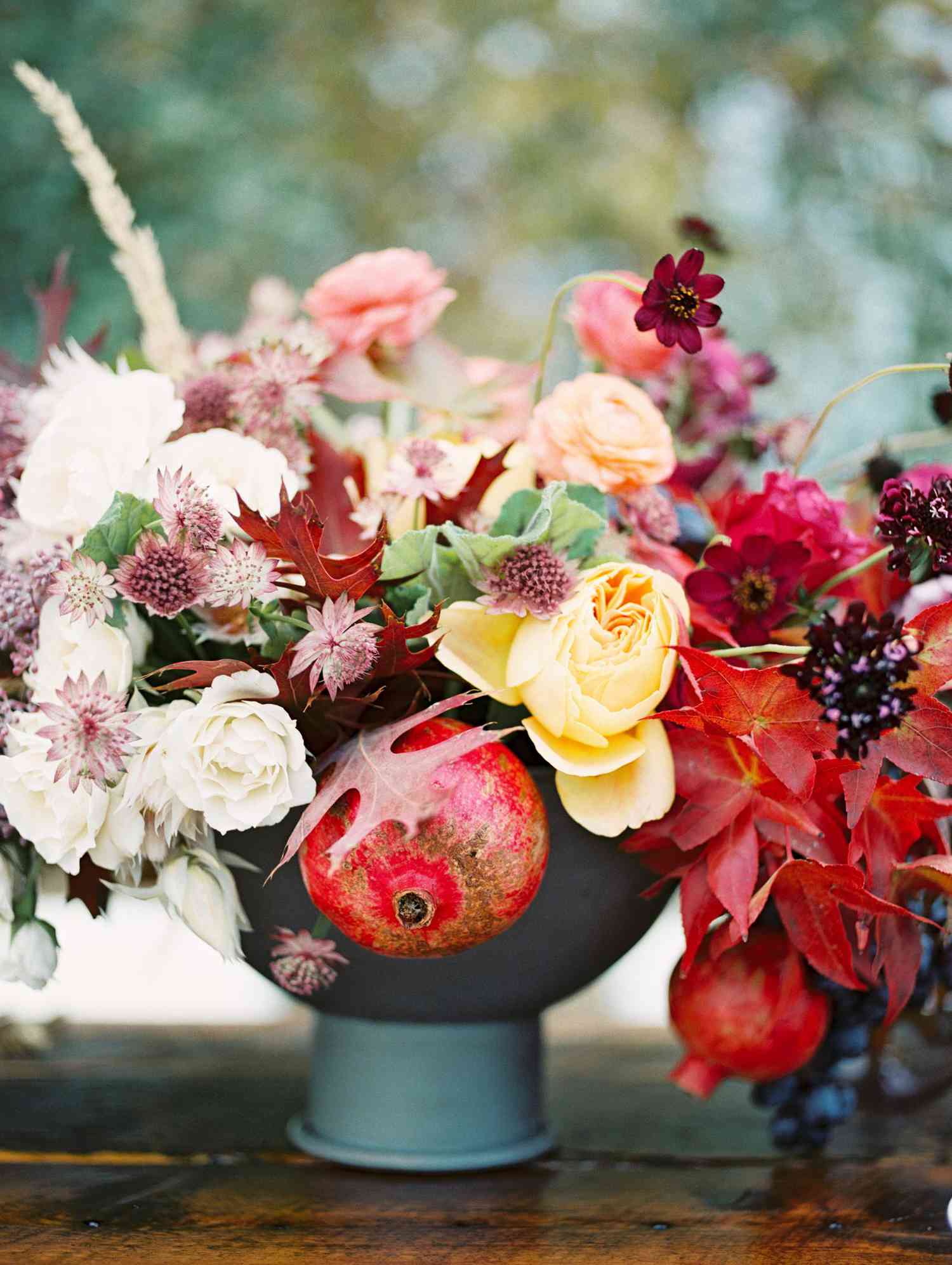 Fall Centerpiece with Foliage, Flowers, and Fruit