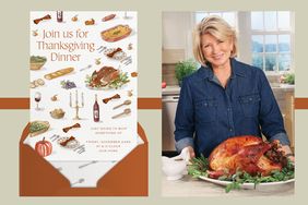 decorvow holding a cooked turkey next to a Thanksgiving dinner invitation card
