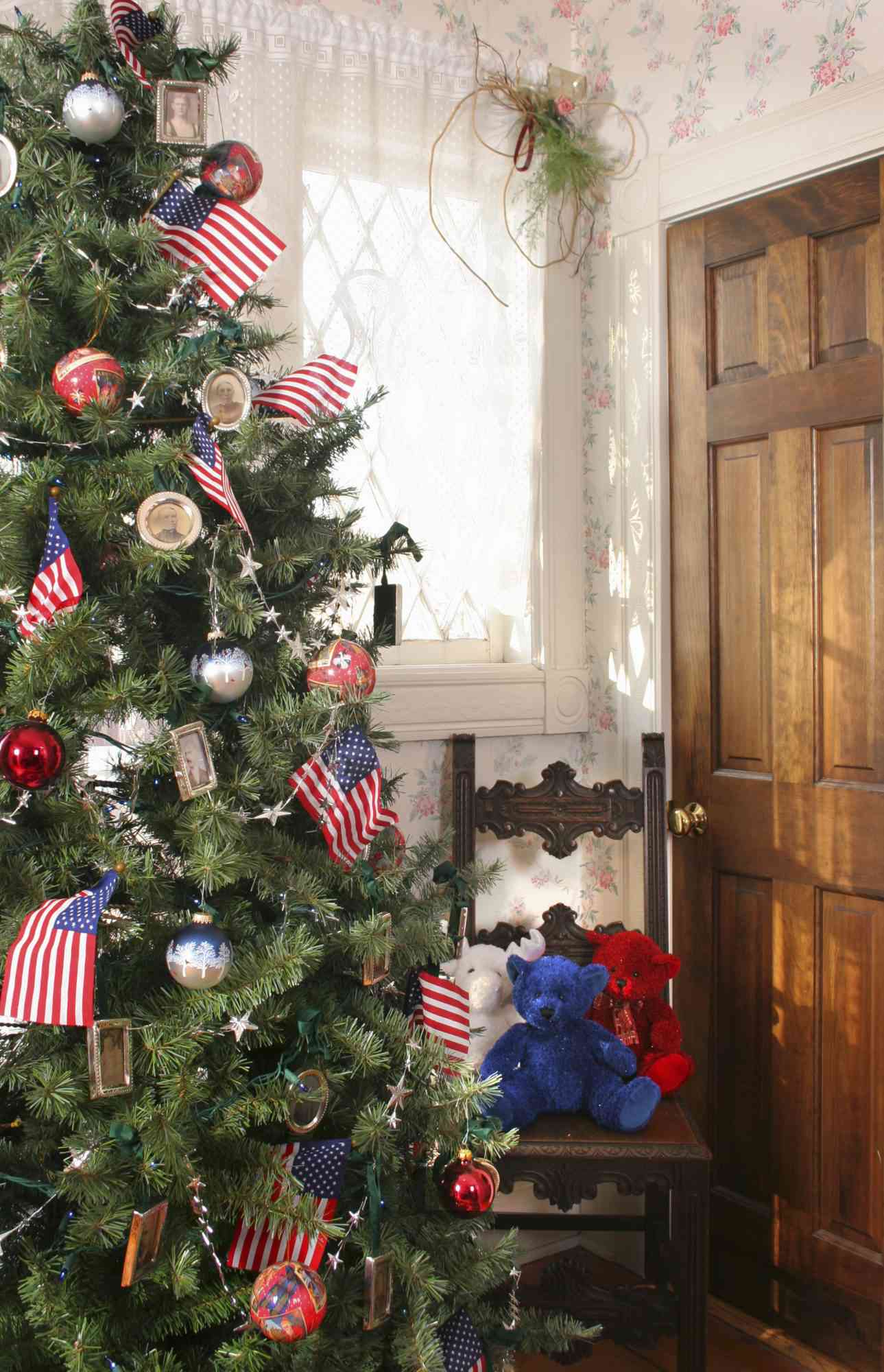 Christmas tree decorated with American stars and stripes theme.